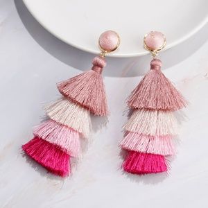 Four-Layer Long Tassel Earrings Pink-White-Peach